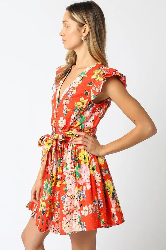 Waitlist 4/5 ♥ Lola Short Ruffle Sleeve Waist Tie Floral Prin Mini Dress Orange