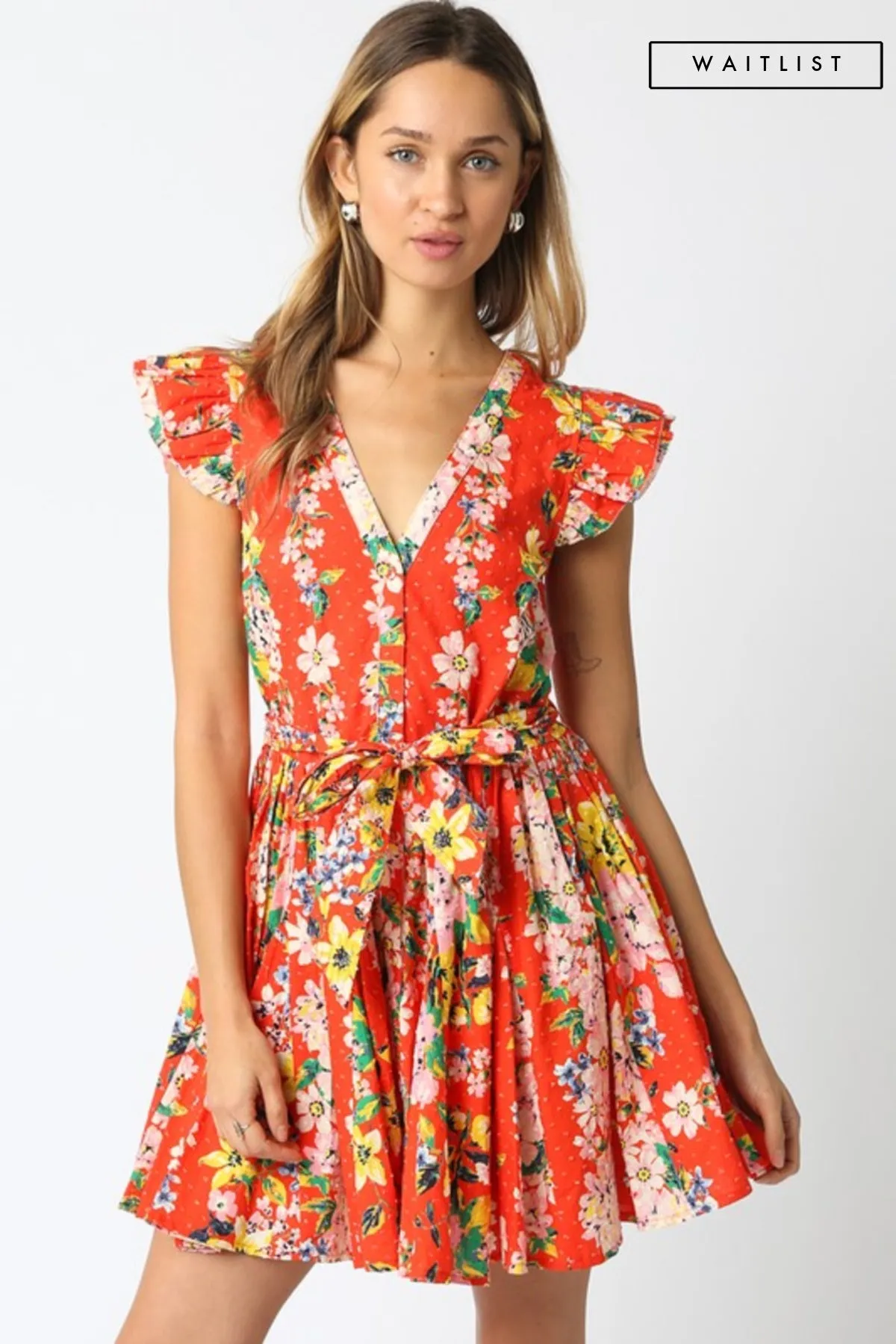Waitlist 4/5 ♥ Lola Short Ruffle Sleeve Waist Tie Floral Prin Mini Dress Orange