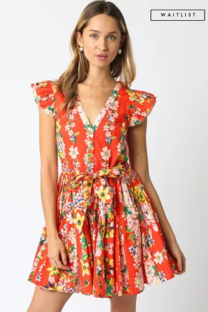 Waitlist 4/5 ♥ Lola Short Ruffle Sleeve Waist Tie Floral Prin Mini Dress Orange