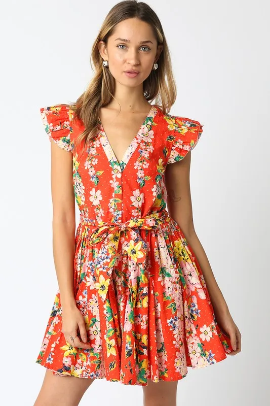Waitlist 4/5 ♥ Lola Short Ruffle Sleeve Waist Tie Floral Prin Mini Dress Orange