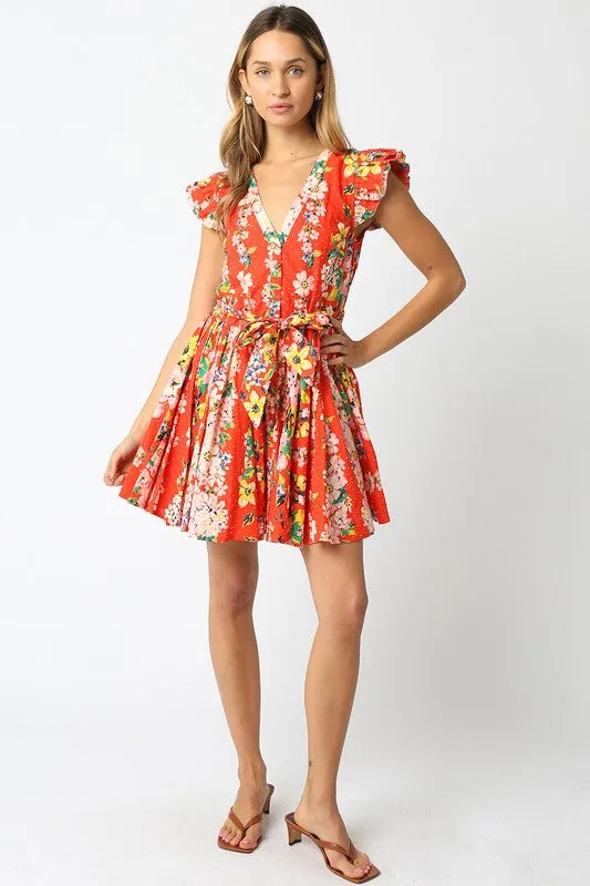 Waitlist 4/5 ♥ Lola Short Ruffle Sleeve Waist Tie Floral Prin Mini Dress Orange