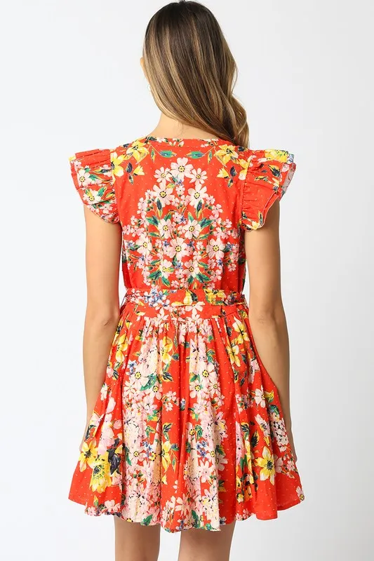 Waitlist 4/5 ♥ Lola Short Ruffle Sleeve Waist Tie Floral Prin Mini Dress Orange