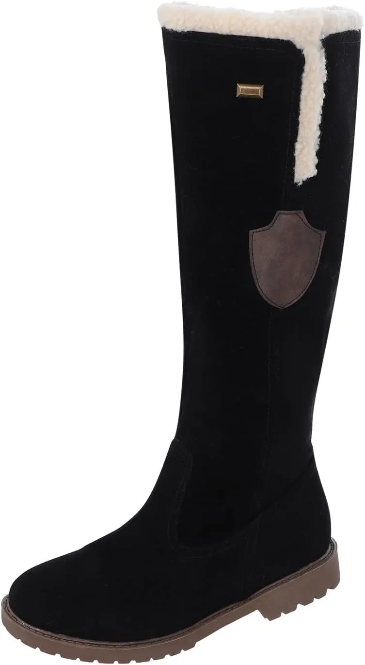 Winter Knee High Boots for Women Waterproof Snow Non Slip Womens Black Snow Boots with Fur Snow Boots Womens Waterproof Womens Suede Snow Boots Mid-Calf Winter Shoes with Side Bows Botas Para El Frio