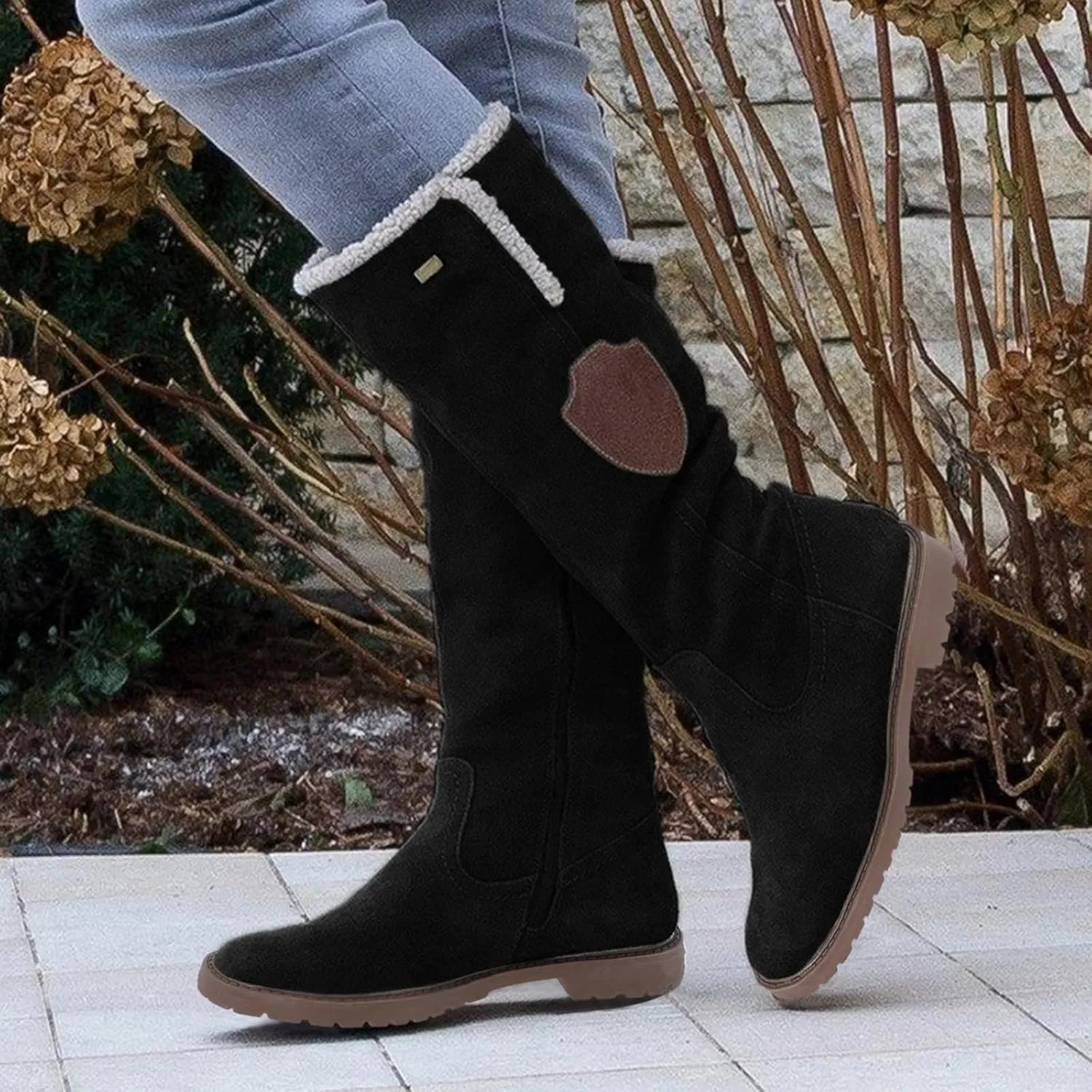 Winter Knee High Boots for Women Waterproof Snow Non Slip Womens Black Snow Boots with Fur Snow Boots Womens Waterproof Womens Suede Snow Boots Mid-Calf Winter Shoes with Side Bows Botas Para El Frio