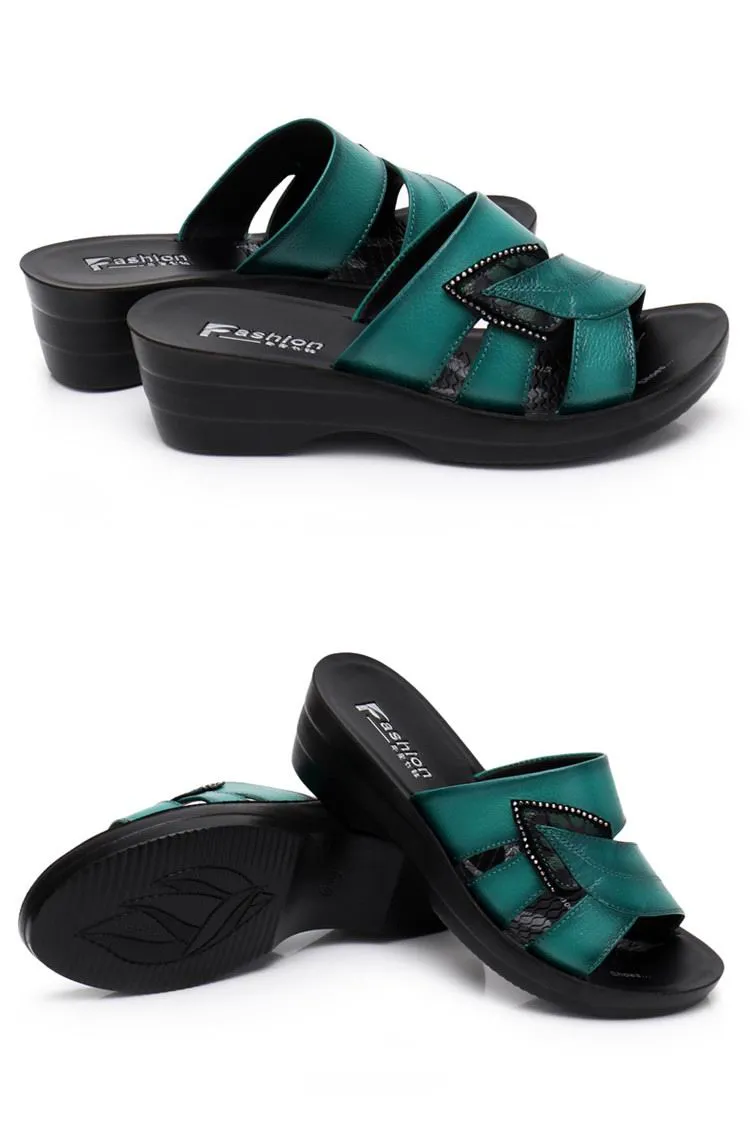 Women Leather Slides Wedges Slippers