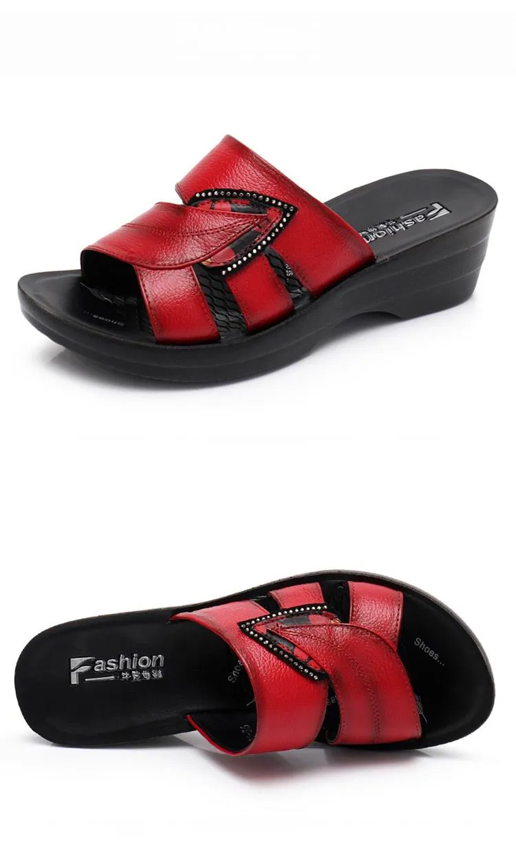 Women Leather Slides Wedges Slippers