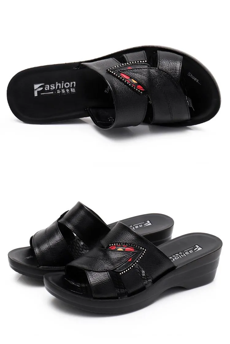 Women Leather Slides Wedges Slippers