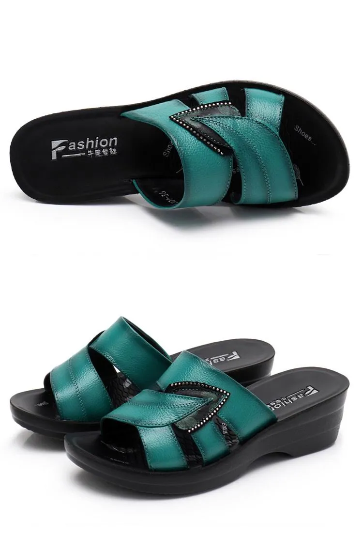 Women Leather Slides Wedges Slippers