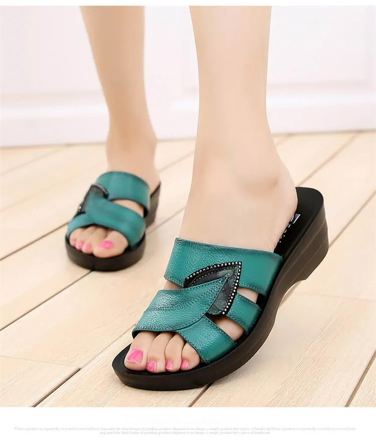 Women Leather Slides Wedges Slippers