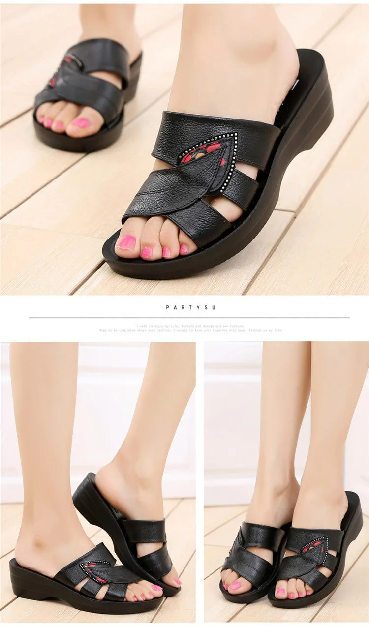 Women Leather Slides Wedges Slippers