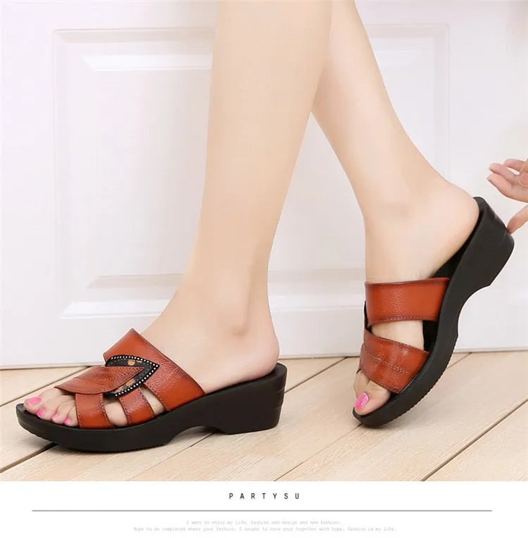 Women Leather Slides Wedges Slippers