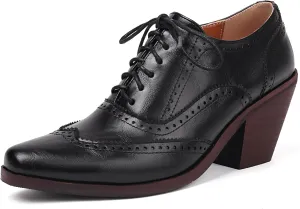 Women Square Toe Oxford Shoes Vintage Wingtip Block Heel Pumps Lace Up Brogue Dress Shoes