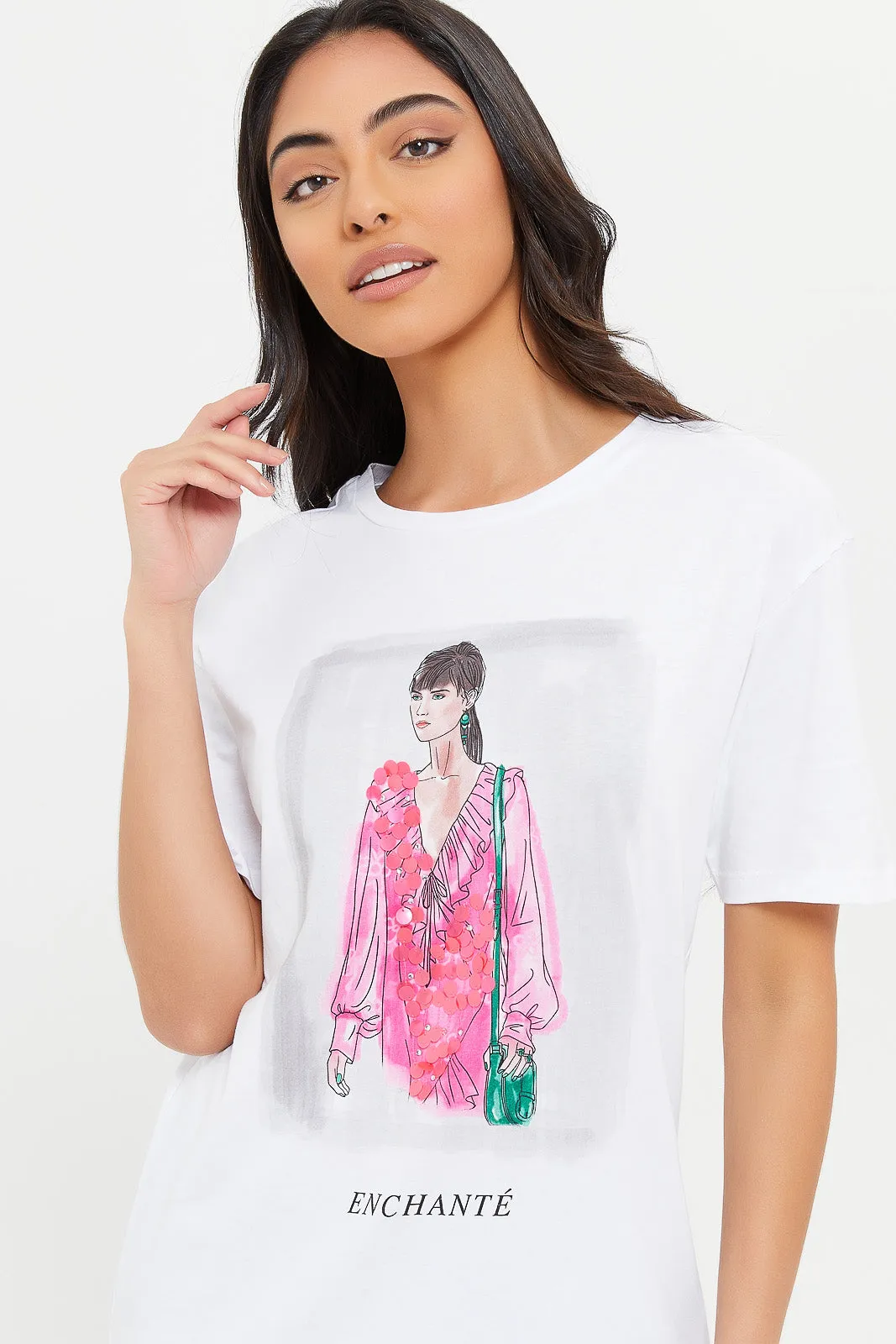Women White Embellished Relaxed T-Shirt