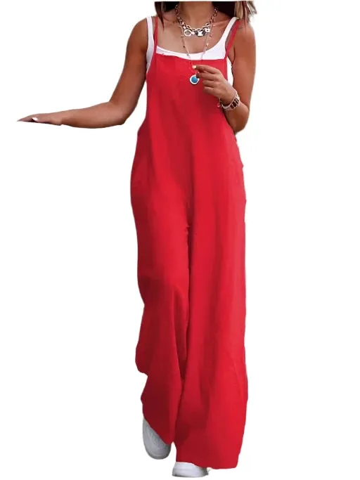 Women's Casual Loose Fit Suspender Jumpsuit with Pockets - Fashionable Relaxed Romper