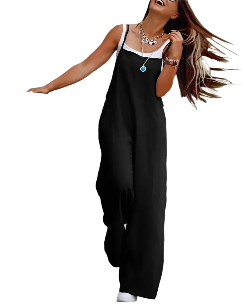 Women's Casual Loose Fit Suspender Jumpsuit with Pockets - Fashionable Relaxed Romper