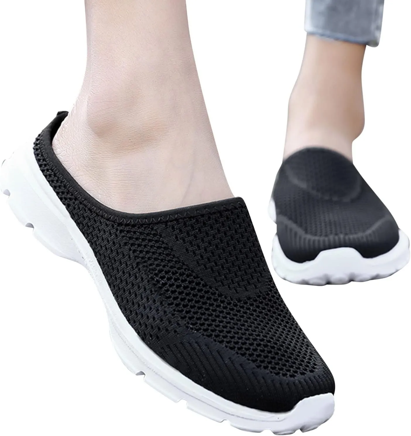 Women's Casual Slip on Half Shoes Breathable Arch Support Walking Mules Shoes Open Back Slip on Flats Non-Slip Sneakers Sandals