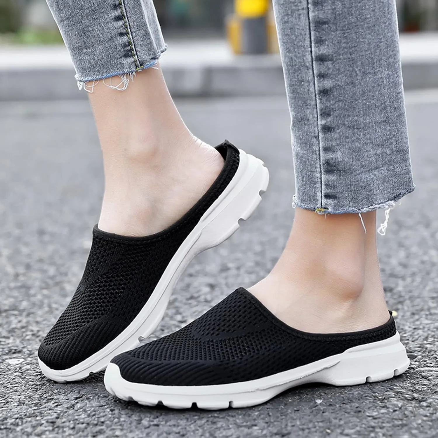 Women's Casual Slip on Half Shoes Breathable Arch Support Walking Mules Shoes Open Back Slip on Flats Non-Slip Sneakers Sandals
