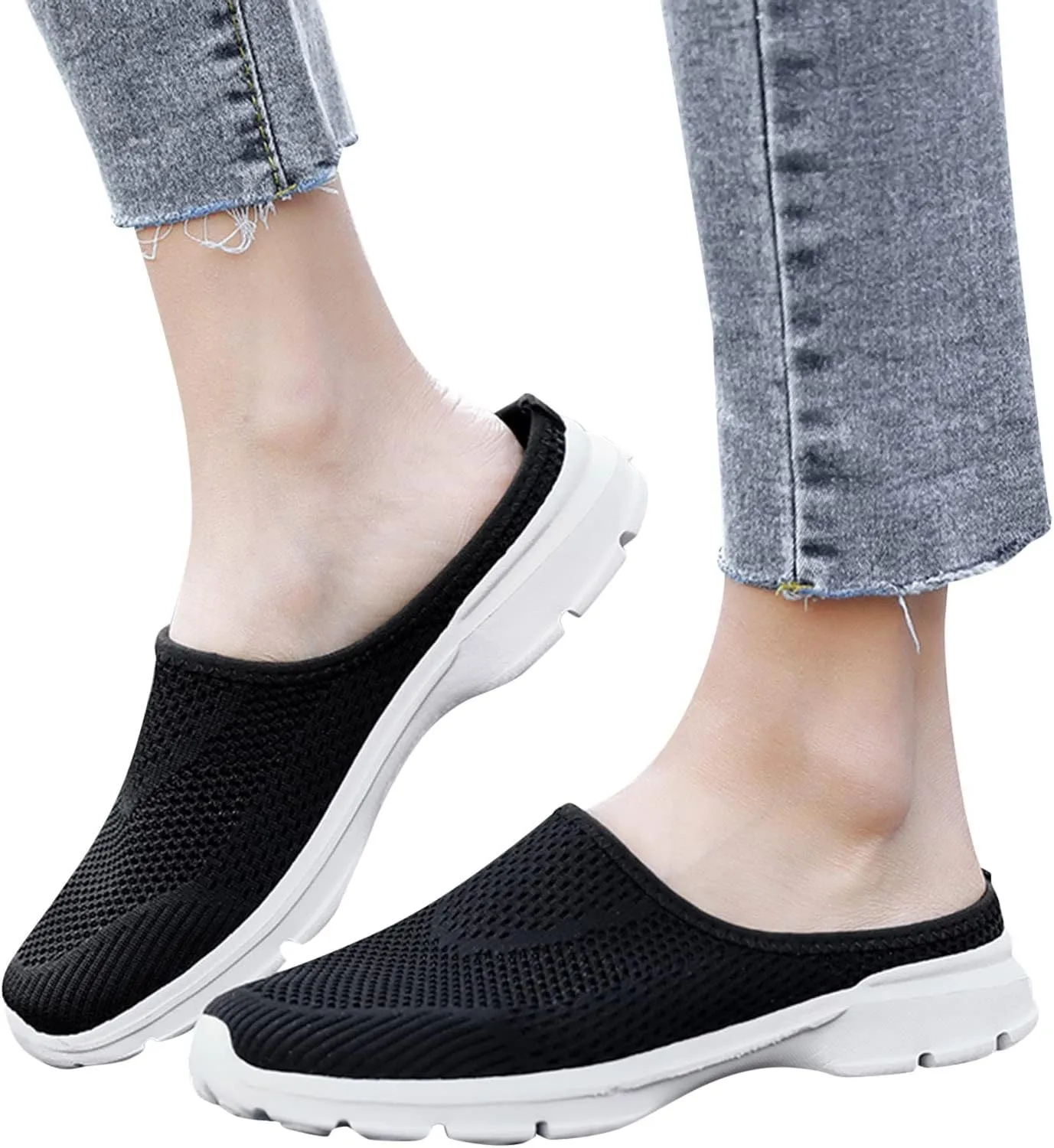 Women's Casual Slip on Half Shoes Breathable Arch Support Walking Mules Shoes Open Back Slip on Flats Non-Slip Sneakers Sandals