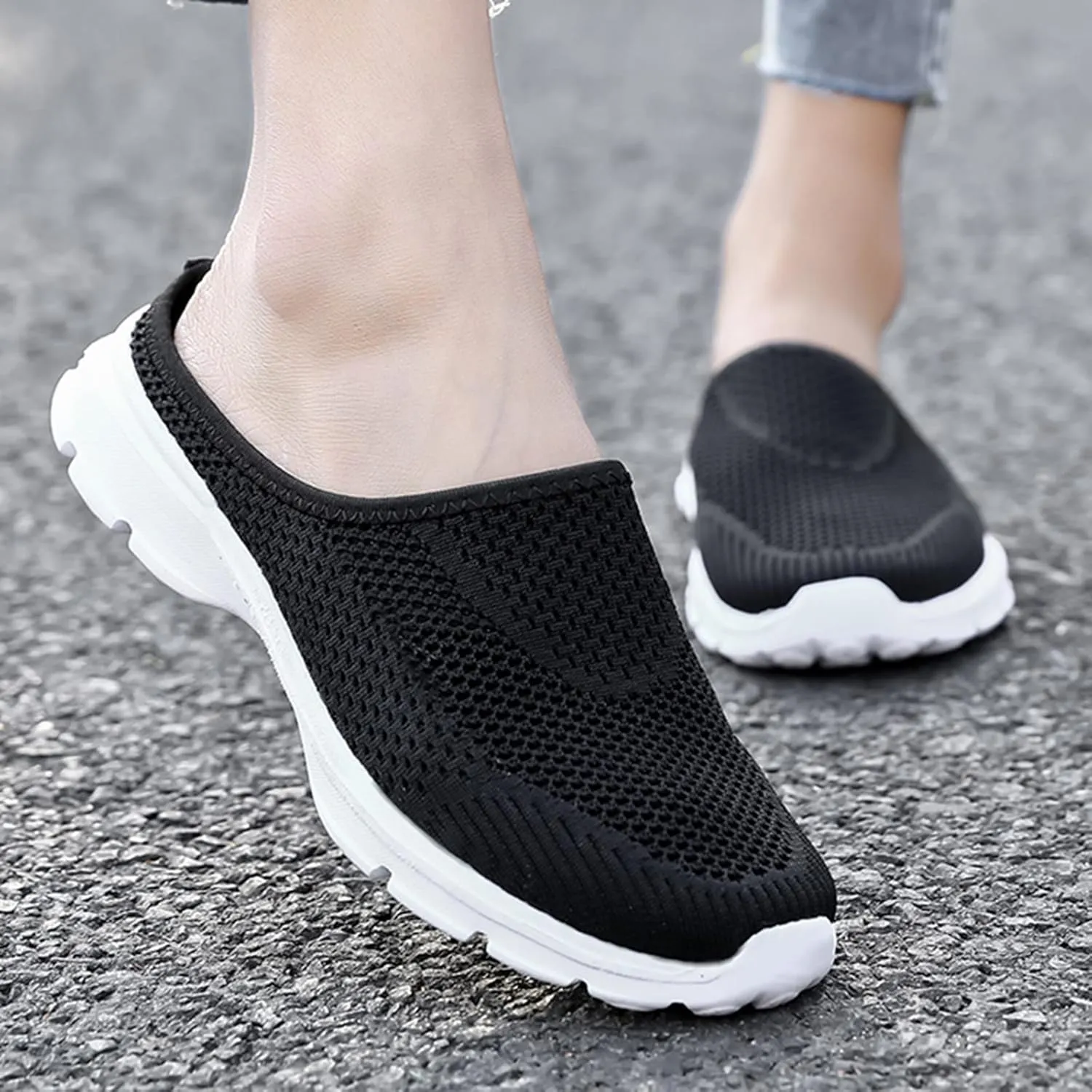 Women's Casual Slip on Half Shoes Breathable Arch Support Walking Mules Shoes Open Back Slip on Flats Non-Slip Sneakers Sandals