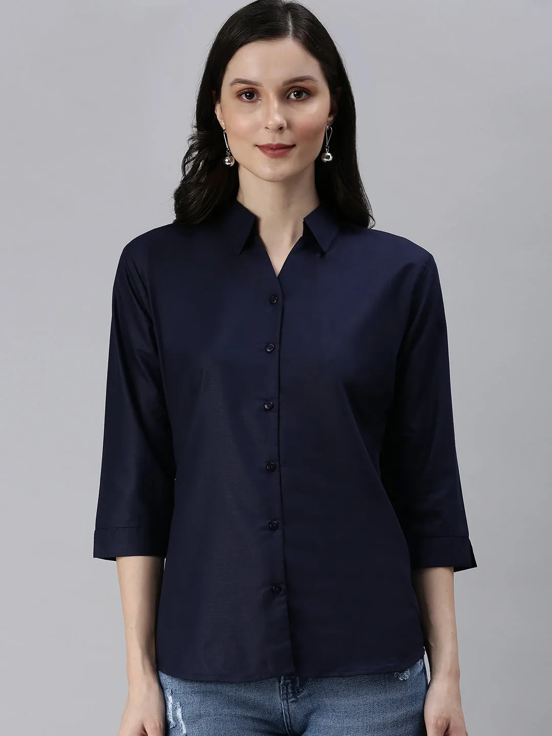 Women's Navy Blue Solid Casual Shirts