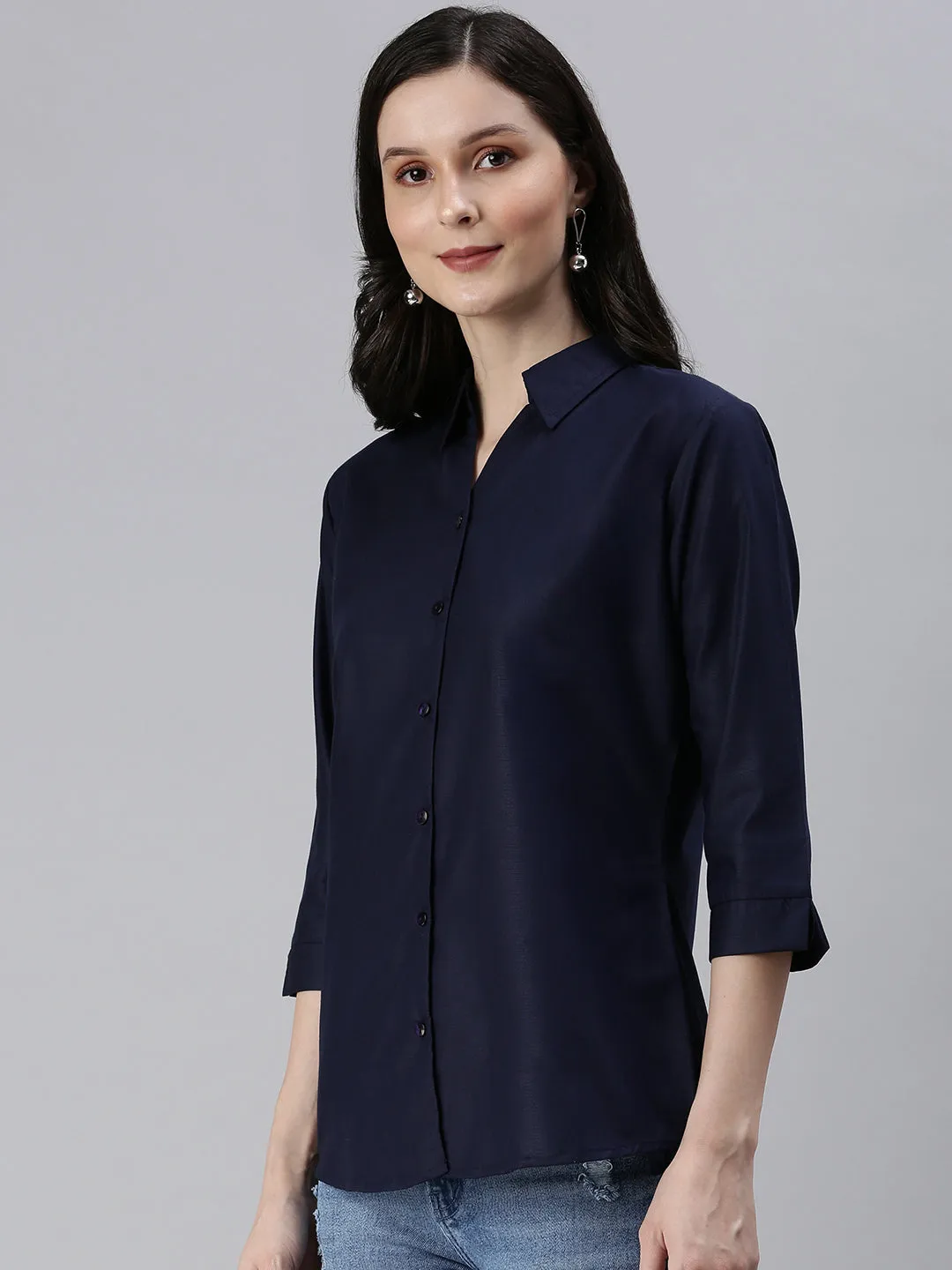 Women's Navy Blue Solid Casual Shirts