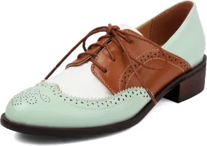 Women's Oxford Low Heels Comfortable Brogue Wingtip Business Formal Shoes Dress Vintage Lace Up Flat Round Toe Pumps