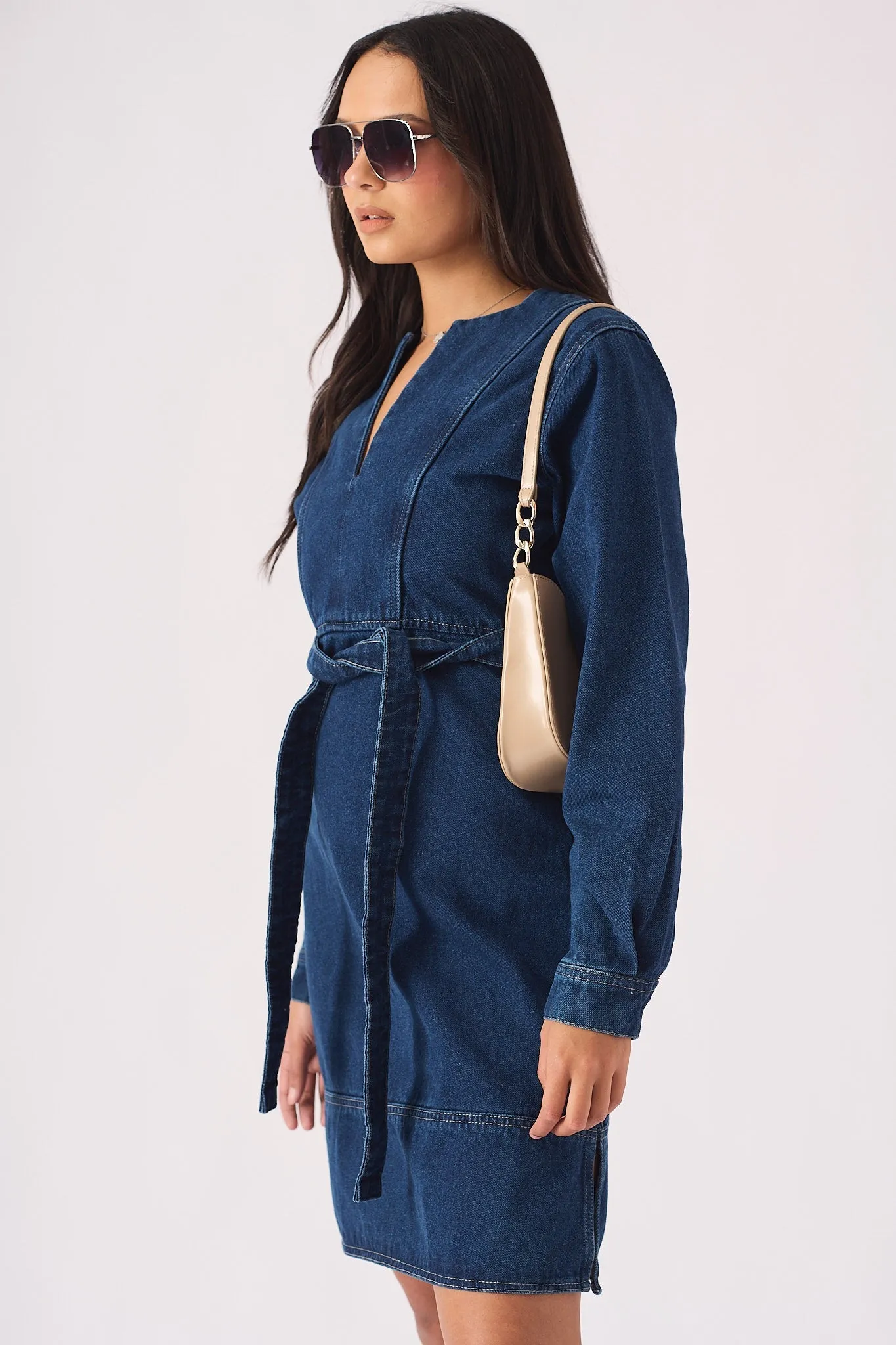 WRAP V-NECK DENIM DRESS - DARK BLUE WASH
