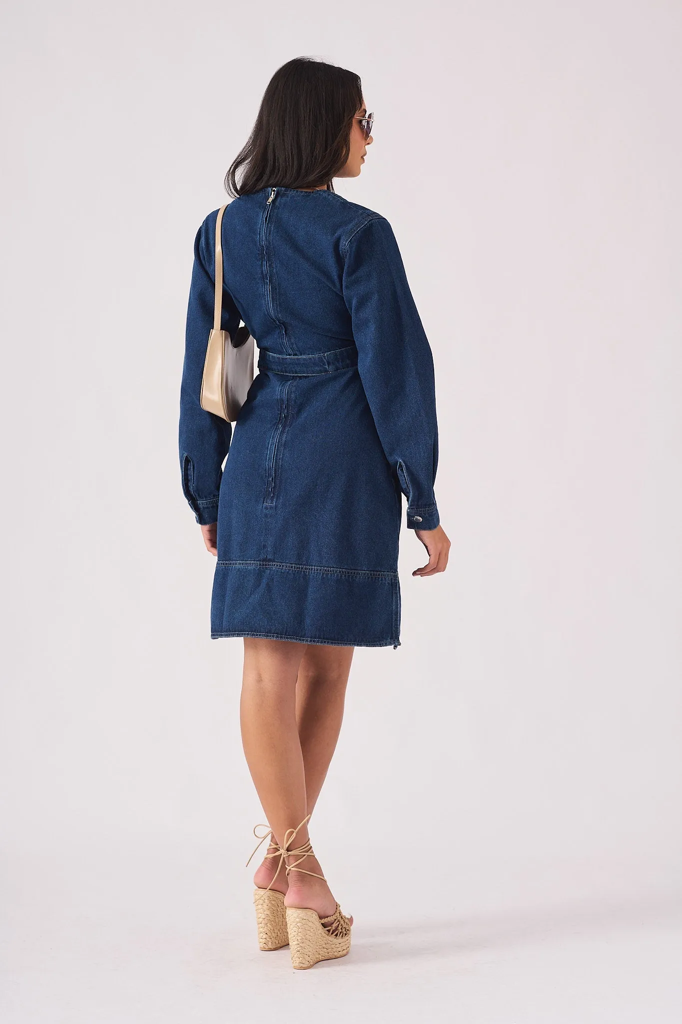 WRAP V-NECK DENIM DRESS - DARK BLUE WASH