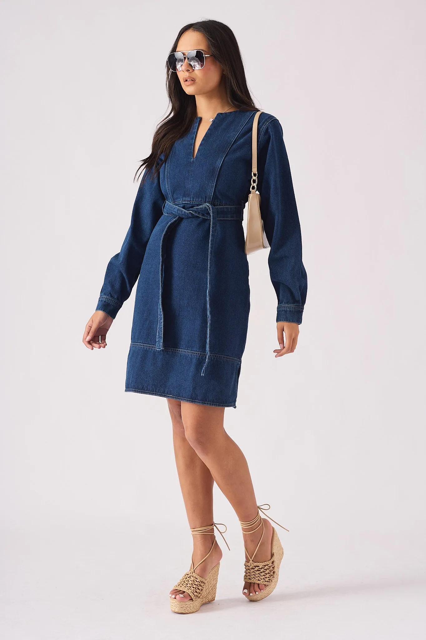 WRAP V-NECK DENIM DRESS - DARK BLUE WASH