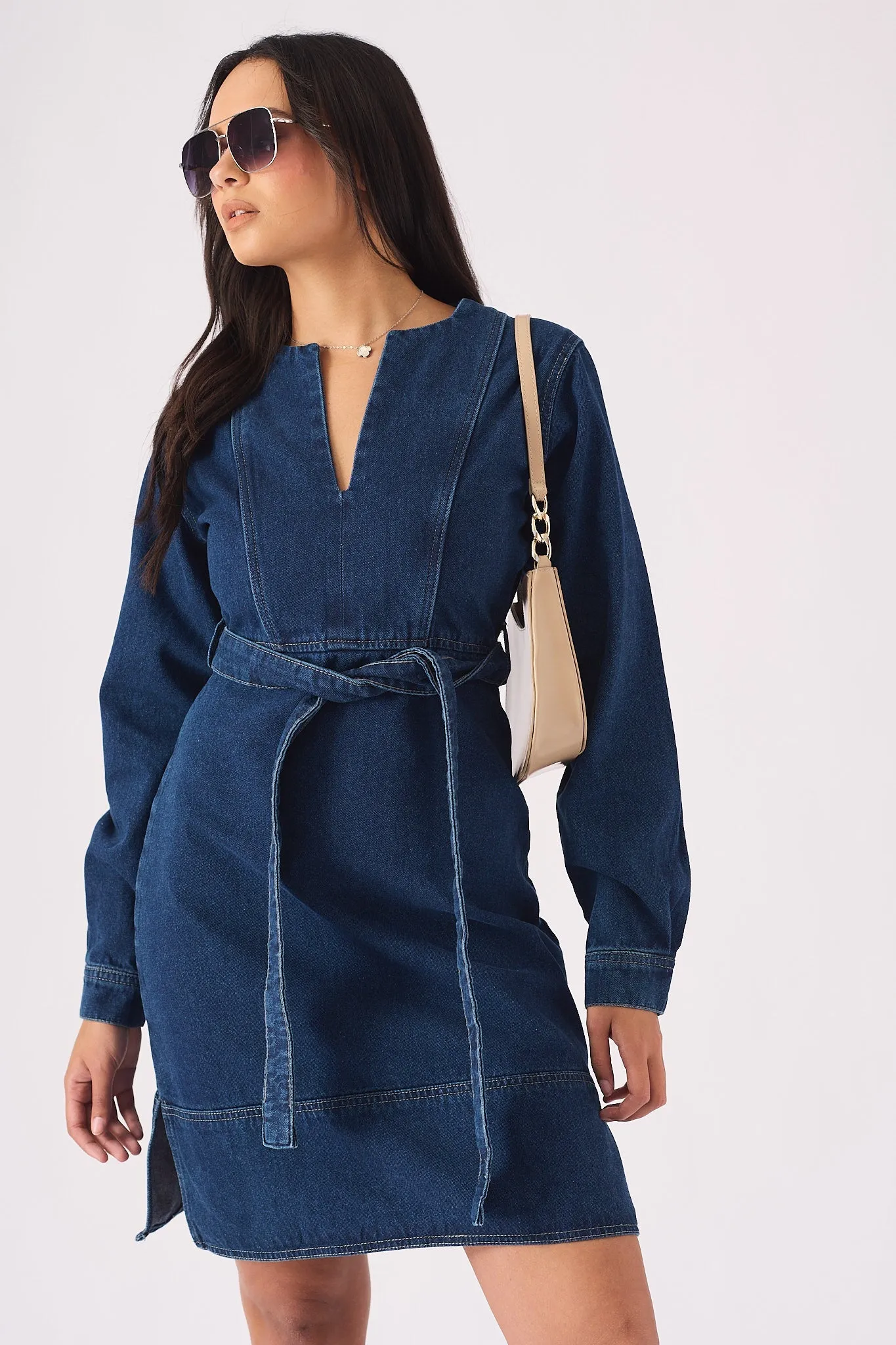 WRAP V-NECK DENIM DRESS - DARK BLUE WASH