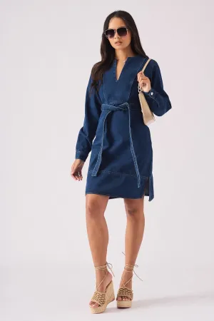 WRAP V-NECK DENIM DRESS - DARK BLUE WASH