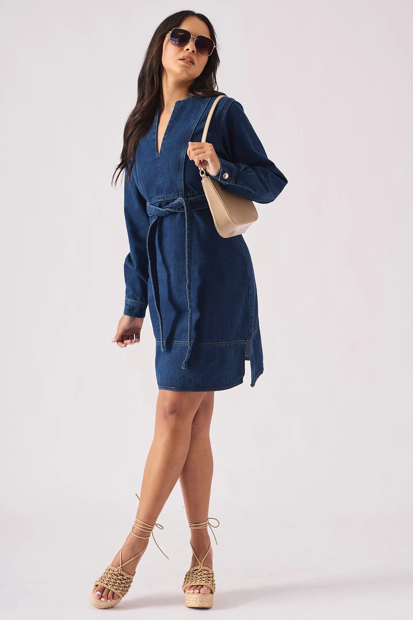 WRAP V-NECK DENIM DRESS - DARK BLUE WASH