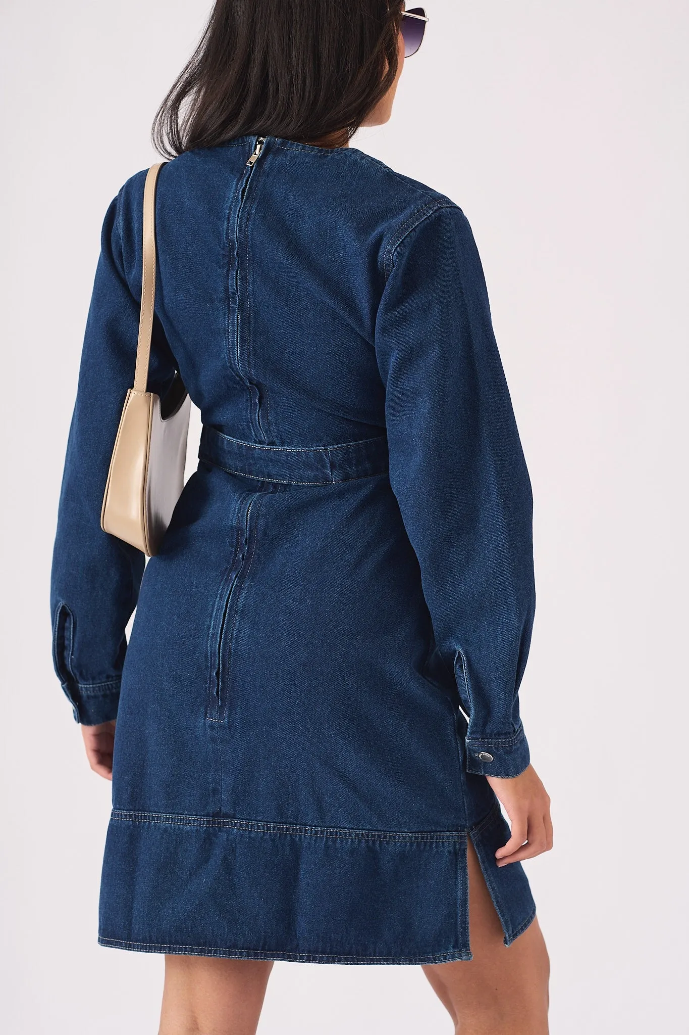 WRAP V-NECK DENIM DRESS - DARK BLUE WASH