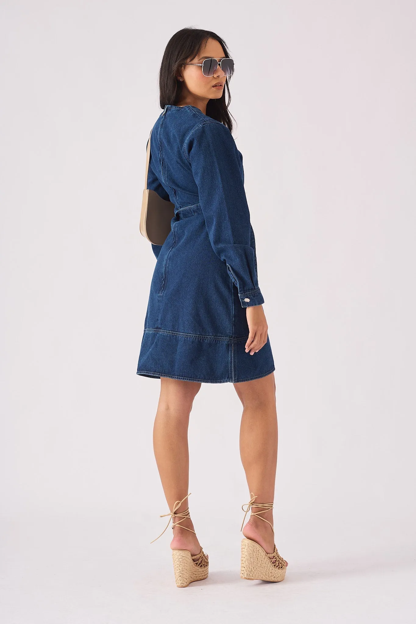 WRAP V-NECK DENIM DRESS - DARK BLUE WASH